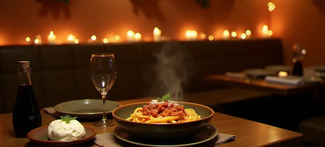 Table italienne dressée chez Papa's Kitchen avec pappardelle al ragù et burrata, illustration de la cuisine italienne authentique