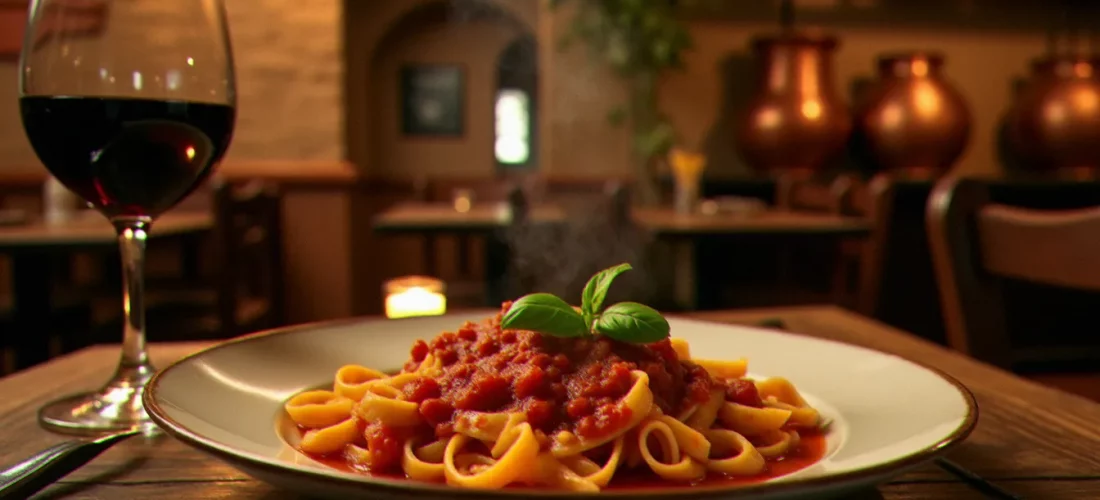 Table dressée dans un restaurant de cuisine italienne de style trattoria, avec un bol de pâtes fraîches maison au ragù et un verre de vin rouge, ambiance chaleureuse évoquant les avis positifs de Pasto cuisine italienne