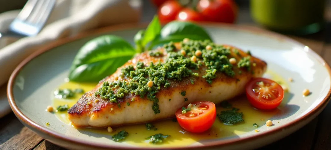 Poulet au pesto doré servi sur une assiette en céramique blanche avec des feuilles de basilic frais, des tomates cerises et un filet d'huile d'olive
