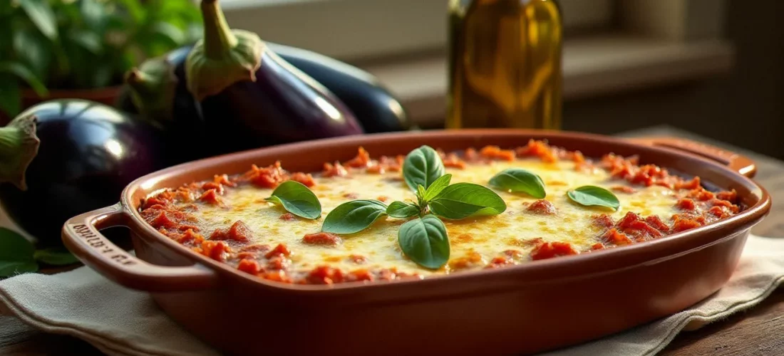 Parmigiana di melanzane dorée et gratinée dans un plat en terre cuite, recette de cuisine italienne avec aubergines, basilic frais et huile d'olive sur une table rustique