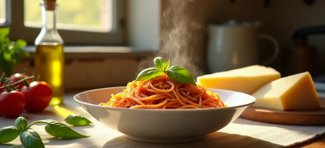 Un bol de pasta al pomodoro italienne facile servi sur une table rustique avec tomates fraîches, huile d'olive et parmesan