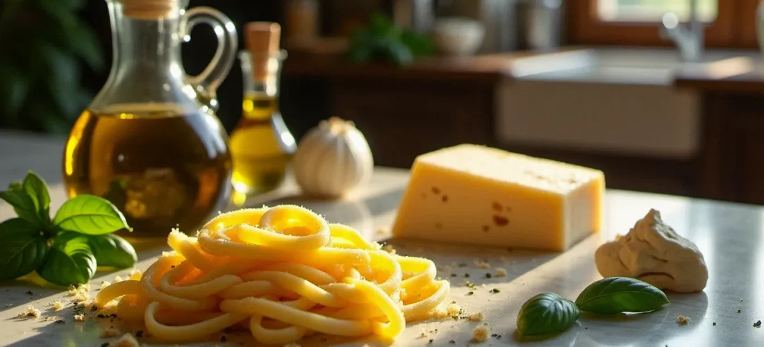 Recette de cuisine italienne gastronomique avec tagliolini frais, truffe blanche et Parmigiano Reggiano sur marbre rustique