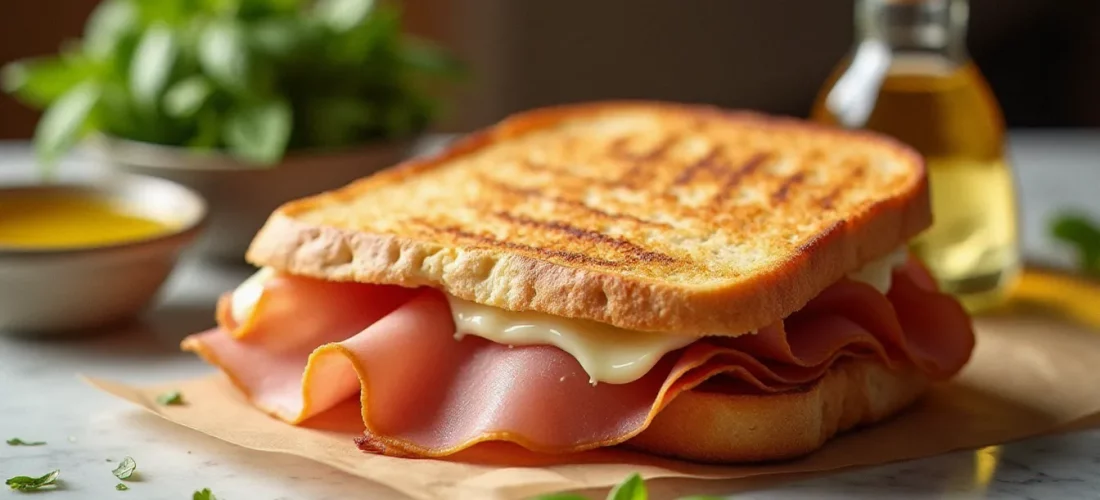 Recette du panini au jambon grillé sur ciabatta avec mozzarella fondante et prosciutto cotto, posé sur un plan de travail en marbre dans une cuisine italienne