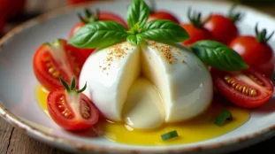 Burrata fraîche ouverte sur une assiette en céramique avec tomates, basilic et huile d'olive, illustrant une recette italienne avec burrata