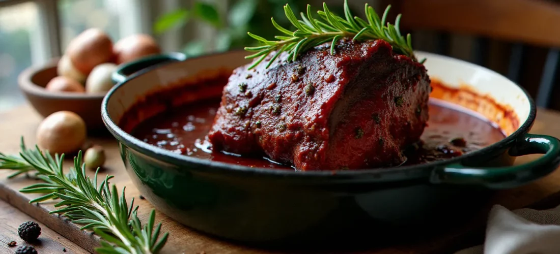 Braisé de bœuf entier dans une cocotte en fonte émaillée, nappé d'une sauce au vin rouge piémontais pour la recette italienne Francesca