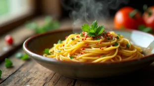Un bol de spaghetti aglio olio e peperoncino fumant, exemple parfait de recette italienne rapide, posé sur un plan de travail en bois rustique avec lumière naturelle