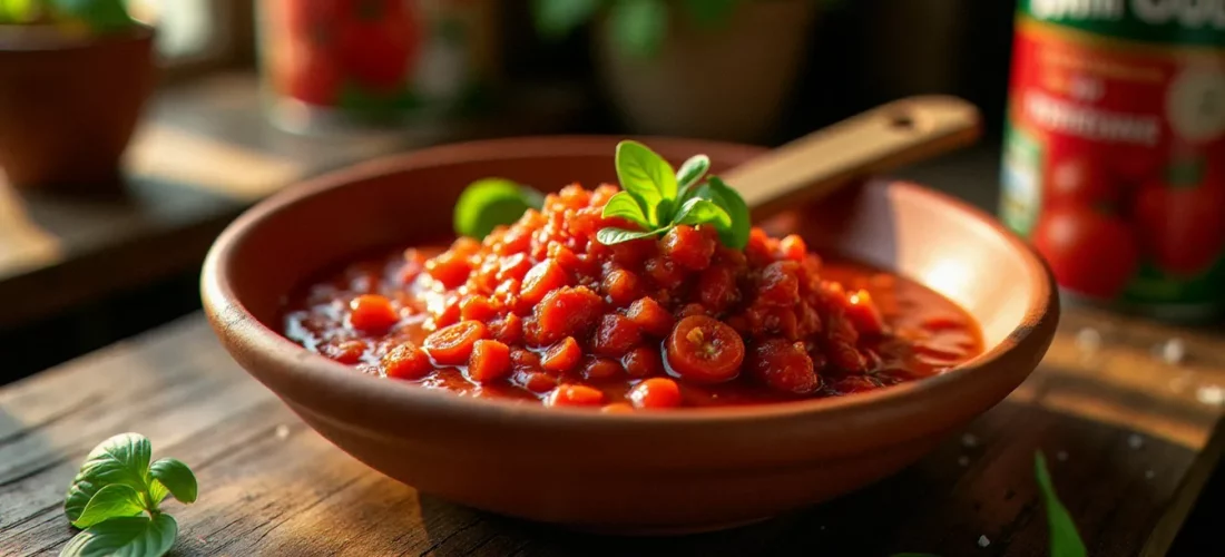 Bol en terre cuite contenant une sauce tomate pour pizza fraîchement préparée à base de tomates San Marzano DOP écrasées à la main avec du basilic frais, dans une cuisine italienne rustique baignée de lumière naturelle