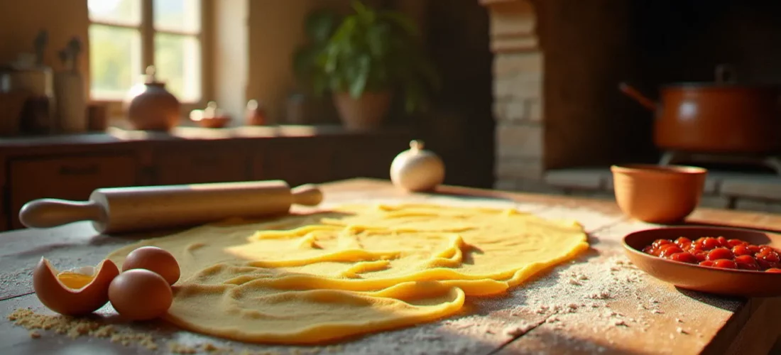 Table en bois rustique couverte de feuilles de pâtes fraîches maison, d'œufs dorés et de farine type 00, avec une sauce tomate mijotant en arrière-plan dans une cuisine italienne traditionnelle.