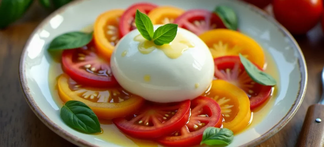 Salade tomate burrata dressée sur une assiette en céramique blanche avec des tomates anciennes colorées, basilic frais et filet d'huile d'olive, lumière naturelle
