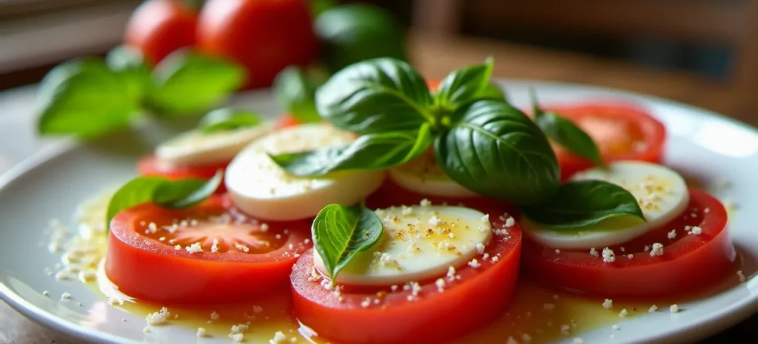 Salade tomate mozza authentique à l'italienne avec tranches de tomate Cuore di Bue, mozzarella di bufala Campana DOP et feuilles de basilic frais arrosées d'huile d'olive extra vierge sur une assiette en faïence blanche