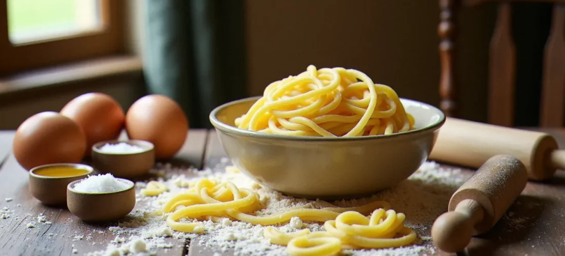 Table en bois rustique avec pâtes fraîches italiennes maison, farine et œufs, illustrant une spécialité italienne recette traditionnelle