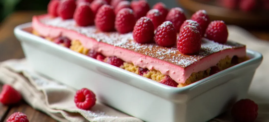 Tiramisu framboise dans un plat blanc décoré de framboises fraîches et de sucre glace, posé sur une table en bois rustique