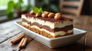 Tiramisu Nutella en plat rectangulaire blanc avec couches de crème mascarpone et noisettes, posé sur une table en bois rustique
