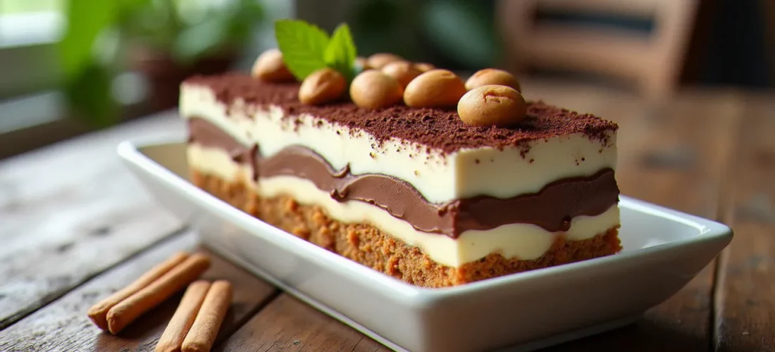 Tiramisu Nutella en plat rectangulaire blanc avec couches de crème mascarpone et noisettes, posé sur une table en bois rustique