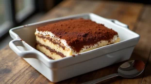 Plat de tiramisu Nutella vu de dessus, saupoudré de cacao, avec cuillère de service sur table en bois