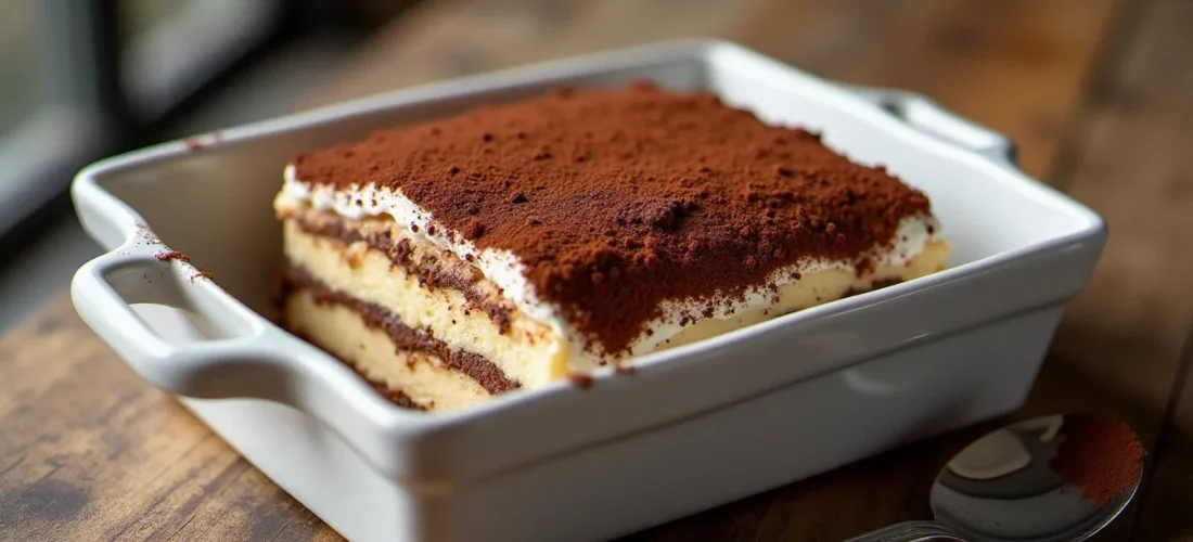 Plat de tiramisu Nutella vu de dessus, saupoudré de cacao, avec cuillère de service sur table en bois