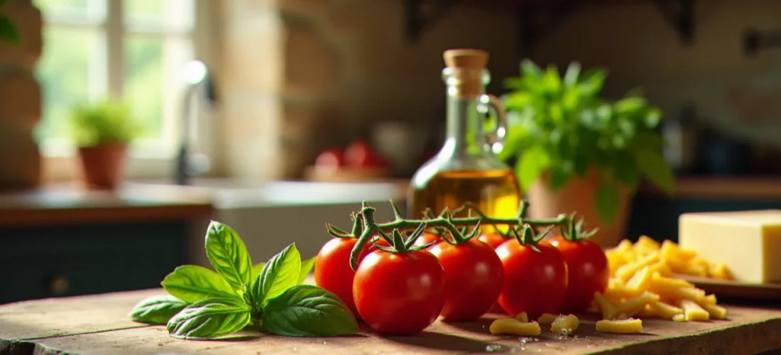 Une cuisine italienne authentique avec ses ingrédients essentiels : tomates fraîches, parmesan, huile d'olive et pâtes sèches sur une table en bois
