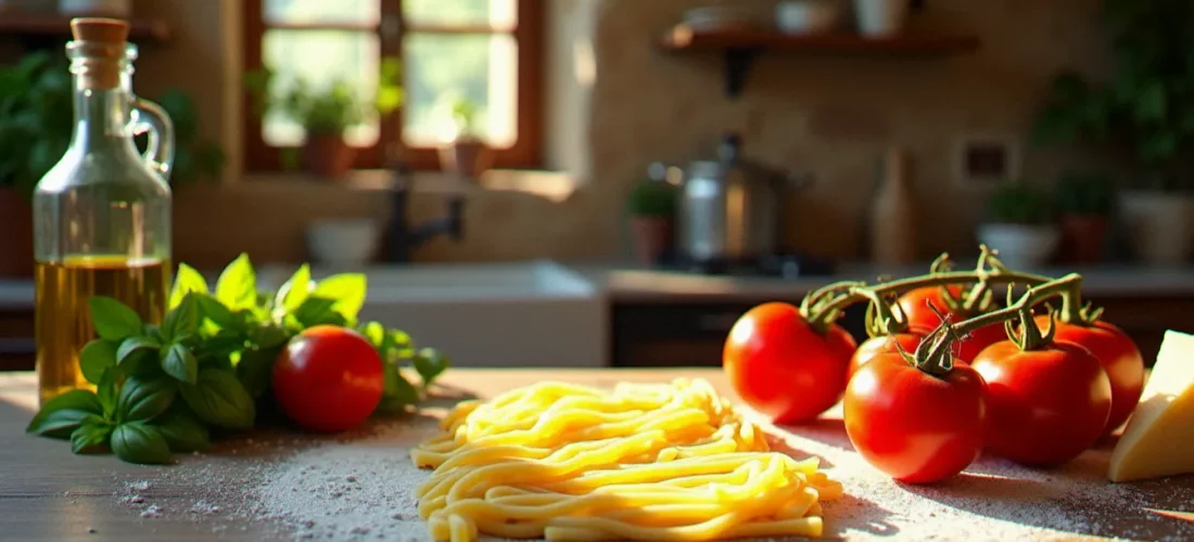 Table en bois d'une cuisine traditionnelle italienne avec tomates San Marzano, basilic frais, Parmigiano Reggiano, huile d'olive et pâtes fraîches étalées sur la surface farinée