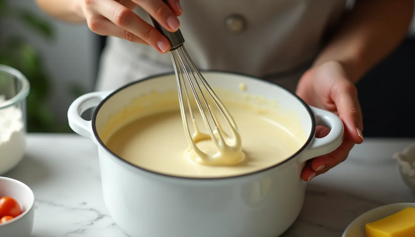 Préparation de la béchamel pour lasagne bolognaise, mains féminines fouettant une sauce blanche crémeuse dans une casserole en émail blanc sur fond de marbre