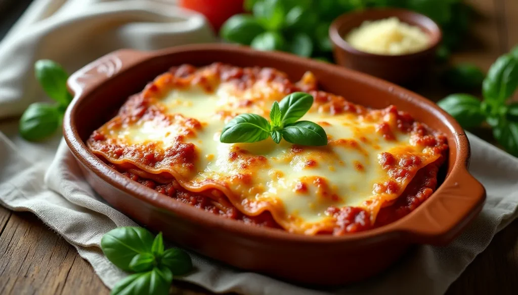Lasagne bolognaise dorée et gratinée dans un plat en terre cuite, sortie du four avec une croûte dorée et du fromage fondu, photographiée en vue du dessus
