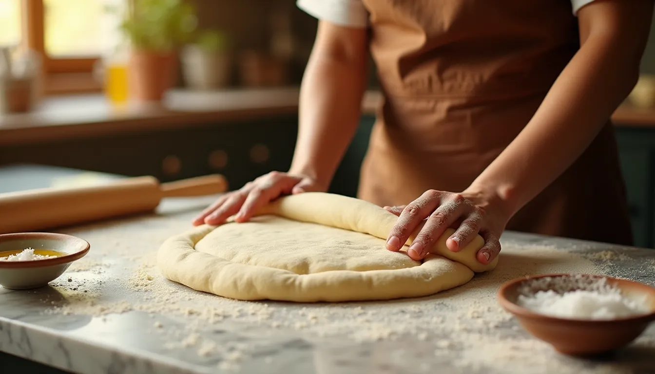 Mains étirant une pâte à pizza maison sur un plan de travail en marbre fariné dans une cuisine italienne baignée de lumière naturelle