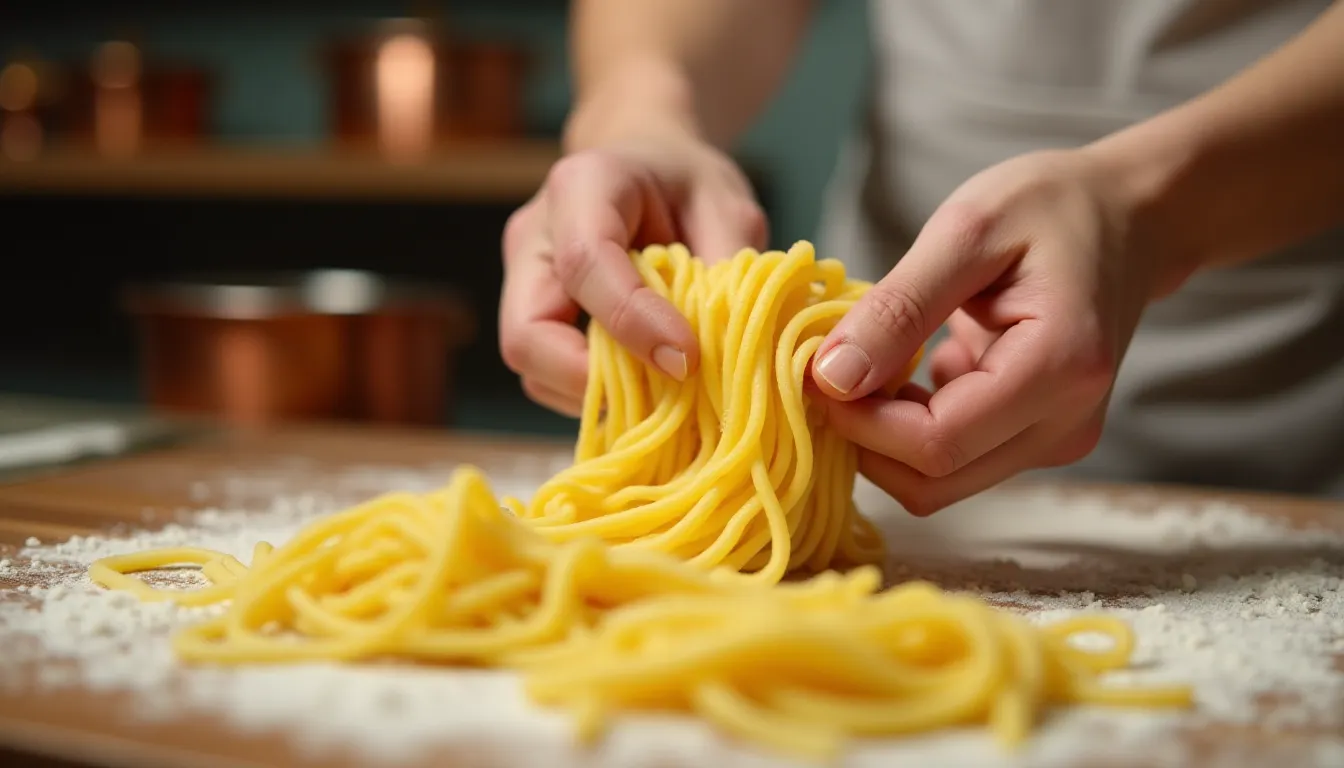 Mains pÃ©trissant une pÃ¢te Ã  ravioli fraÃ®che sur un plan de travail farinÃ© dans une cuisine italienne