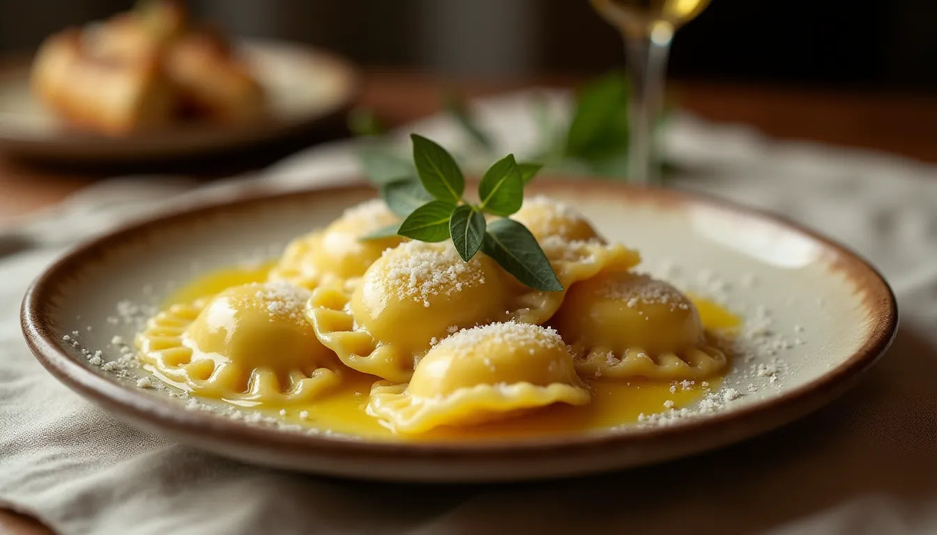 Assiette de ravioli dal plin nappÃ©s de beurre de sauge et copeaux de parmesan sur nappe en lin
