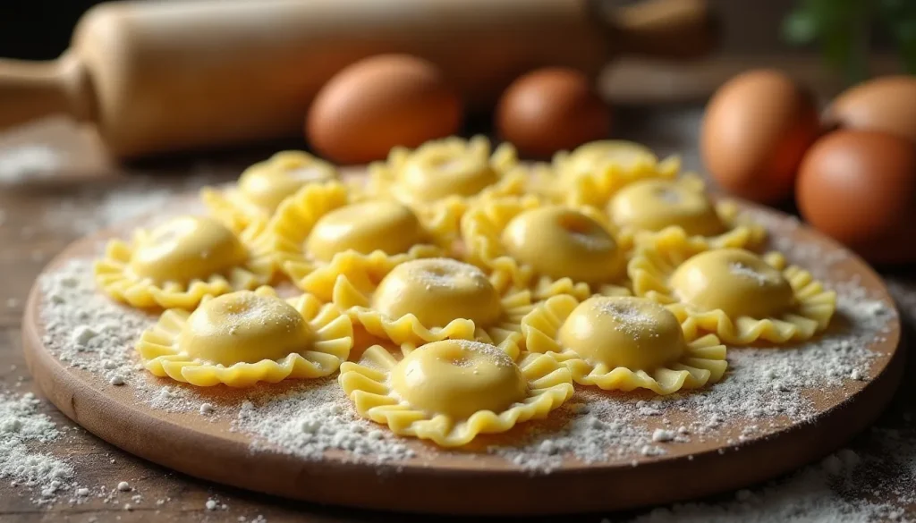 Ravioli maison frais disposés sur une planche en bois farinée avec rouleau à pâtisserie et œufs en arrière-plan