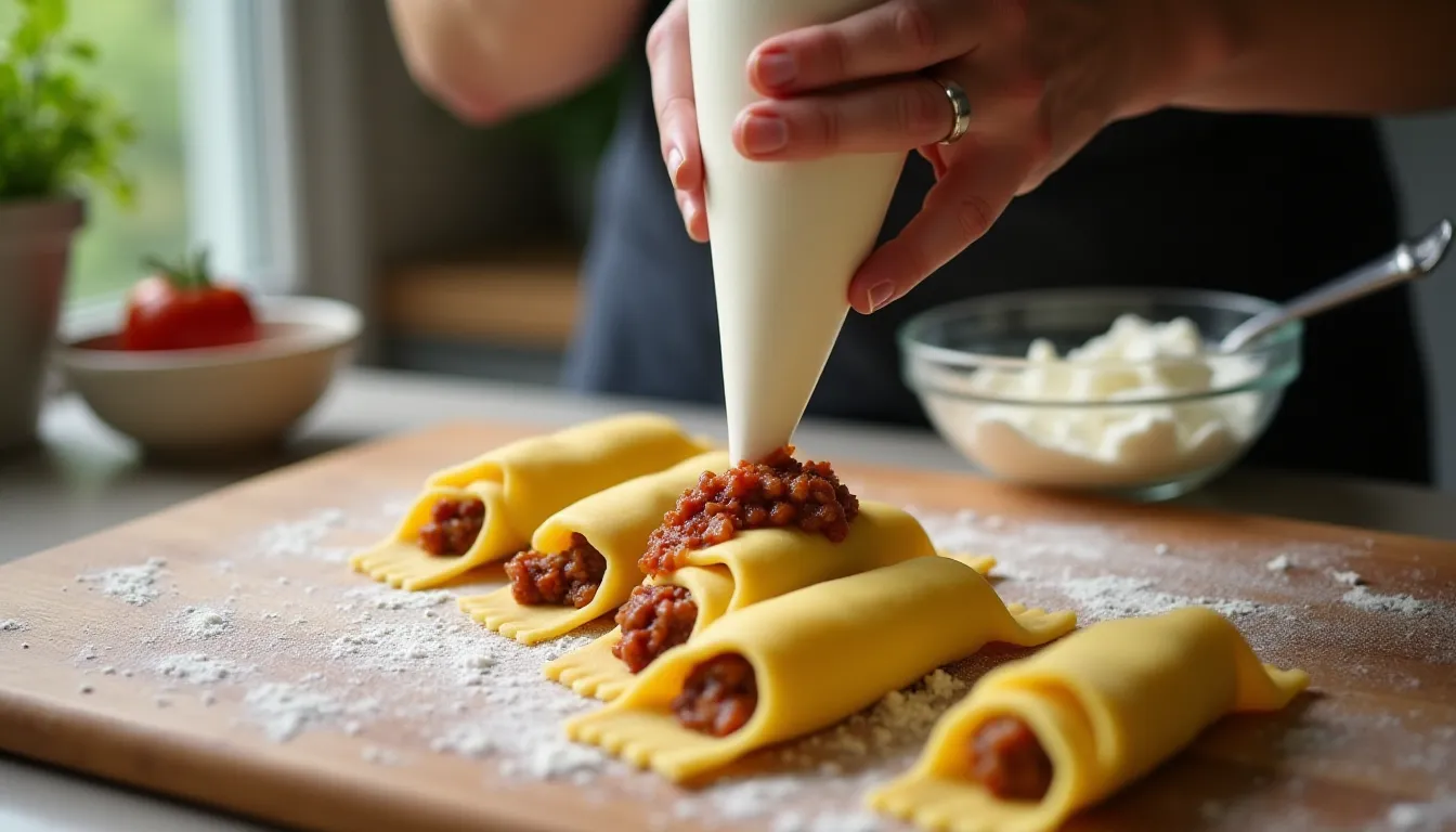 Remplissage de tubes de cannelloni secs avec une poche à douille contenant un ragù à la viande, sur une planche en bois farinée dans une cuisine italienne