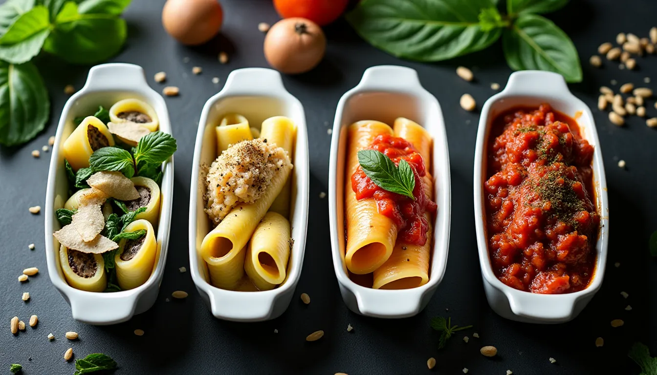 Quatre variantes de farce pour cannelloni présentées dans de petits plats en céramique blanche : ricotta-épinards, champignons-truffe, saumon-aneth et ragù à la viande