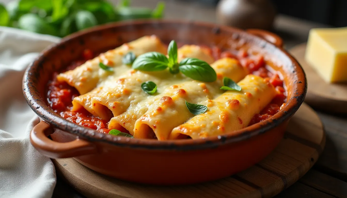 Plat de cannelloni gratinés maison nappés de béchamel dorée et de sauce tomate dans un plat en céramique rustique, prêts à être servis