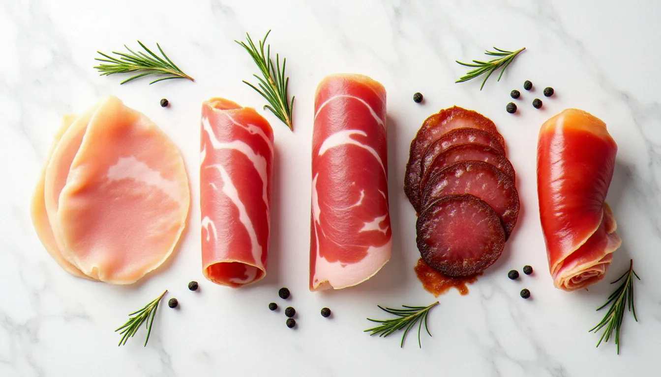 Sélection de jambons italiens sur marbre blanc, incluant prosciutto di Parma tranché, speck de l'Alto Adige et culatello disposés côte à côte