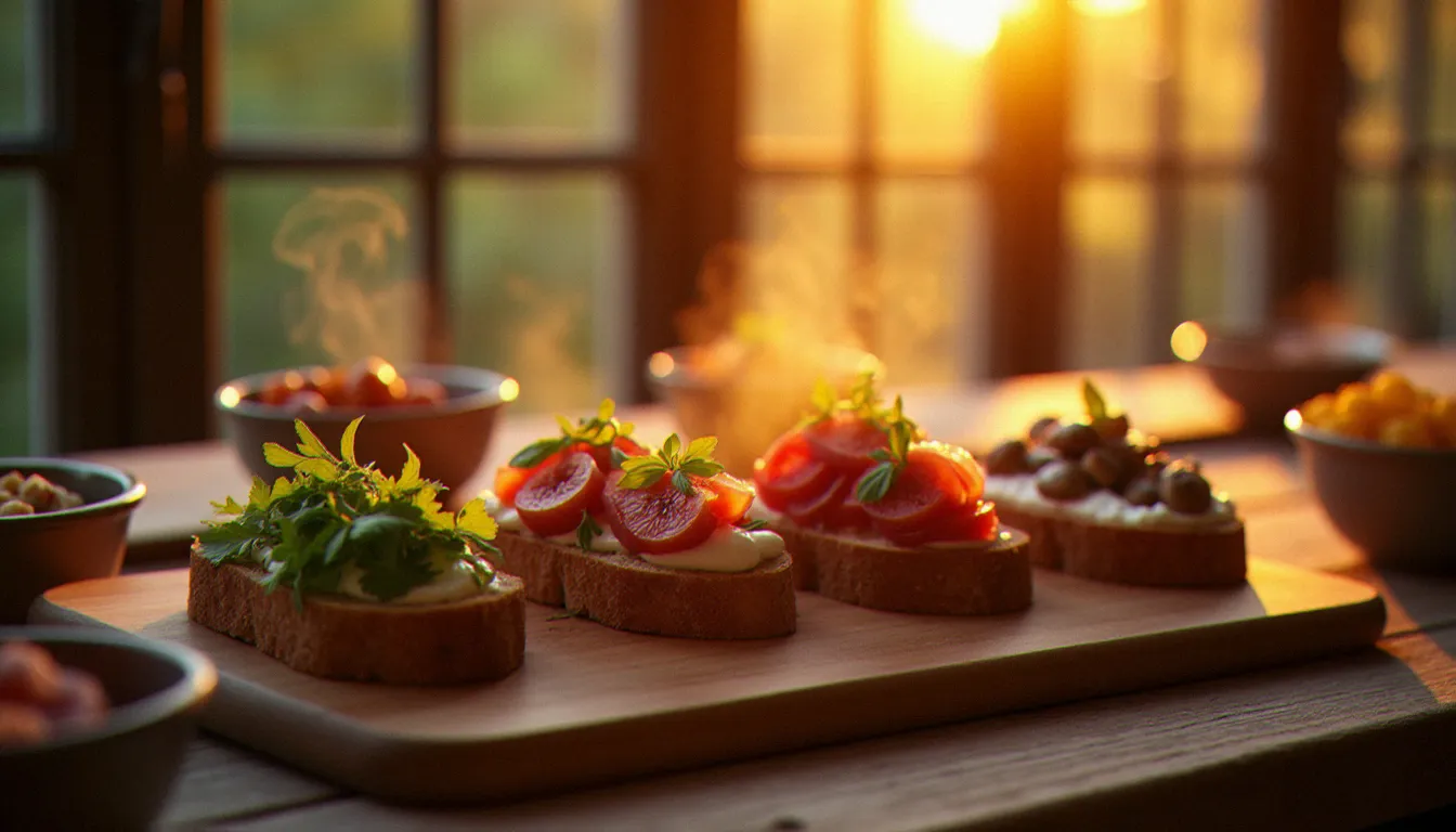 Assortiment de variations de bruschetta jambon sur planche en bois, incluant versions figues, roquette et burrata, dans la lumière dorée du soir d'une cuisine française