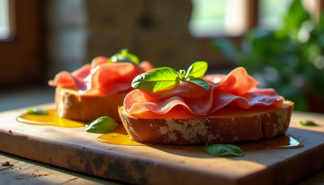 Bruschetta jambon sur planche en bois rustique, garnies de prosciutto di Parma et arrosées d'huile d'olive extra vierge dans une lumière matinale toscane