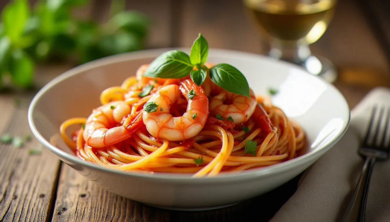 Assiette de crevette spaghetti aux gamberi rouges de Méditerranée, sauce tomates cerises et huile d'olive, garnies de persil frais sur table en bois rustique