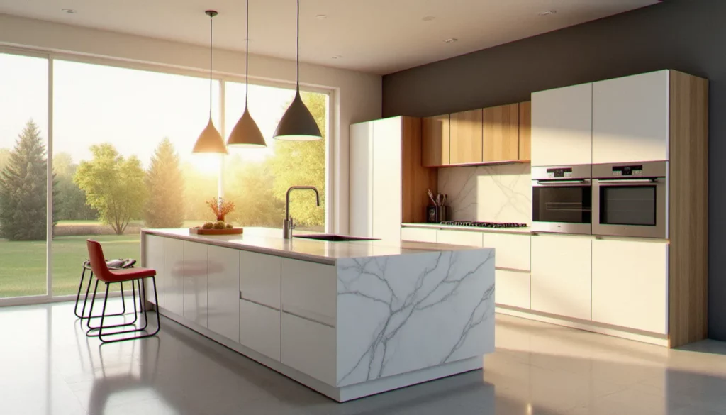 cuisine equipee italienne prix featured Cuisine équipée italienne haut de gamme avec îlot central en marbre de Carrare et façades laquées blanc, exemple représentatif du design et des prix haut de gamme italiens