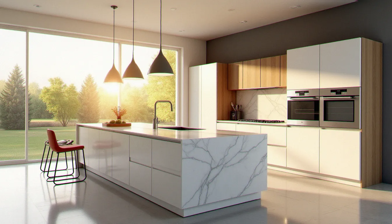 Cuisine équipée italienne haut de gamme avec îlot central en marbre de Carrare et façades laquées blanc, exemple représentatif du design et des prix haut de gamme italiens