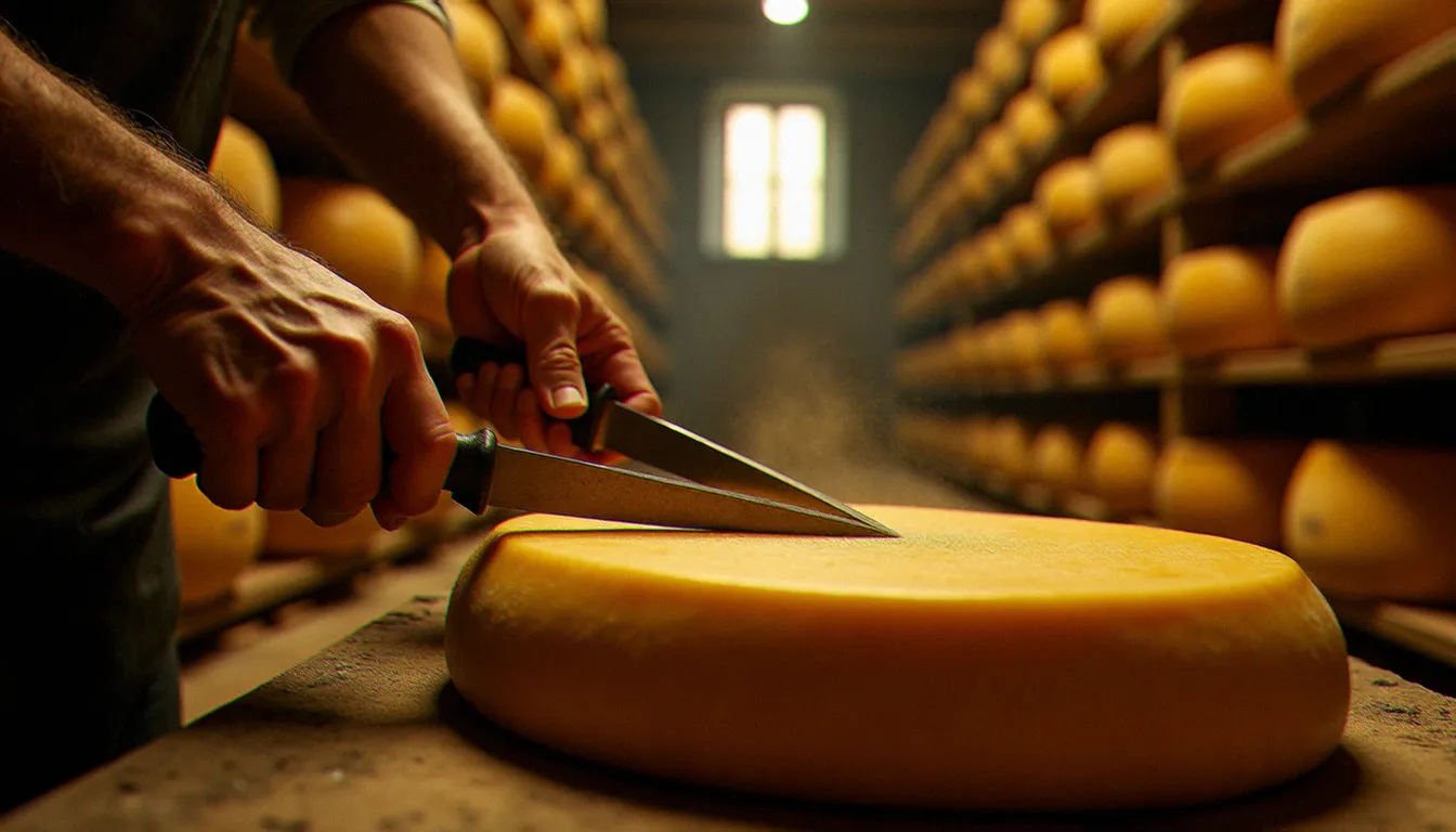 Ouverture artisanale d'une meule de Parmigiano Reggiano AOP dans une cave d'affinage en Émilie-Romagne par un fromager