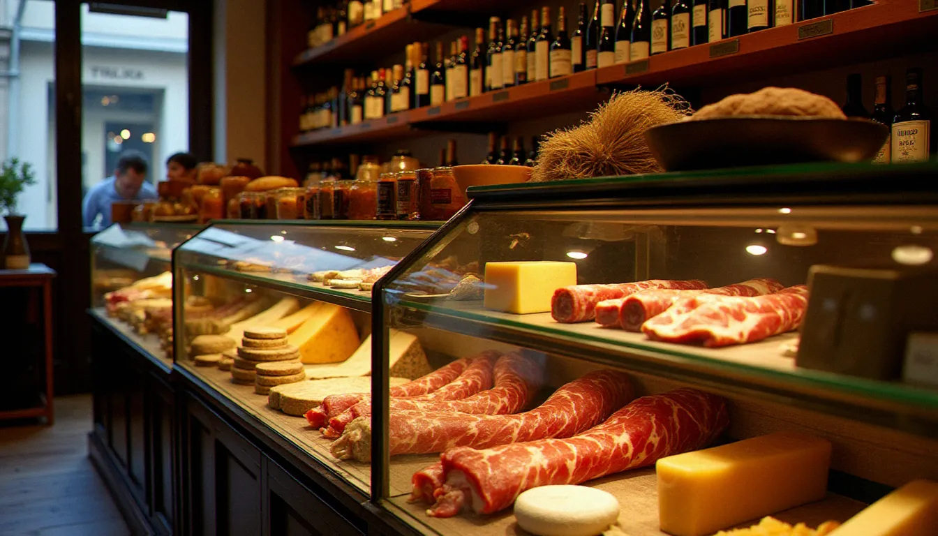 Épicerie fine italienne spécialisée en cuisine haut de gamme italienne avec charcuteries, fromages affinés et condiments d'exception sous vitrine éclairée