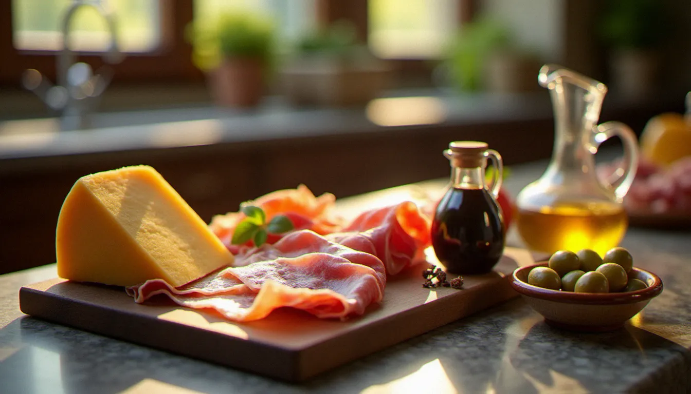 Sélection de cuisine haut de gamme italienne — Parmigiano Reggiano, Prosciutto di Parma et vinaigre balsamique traditionnel de Modène sur une table en marbre