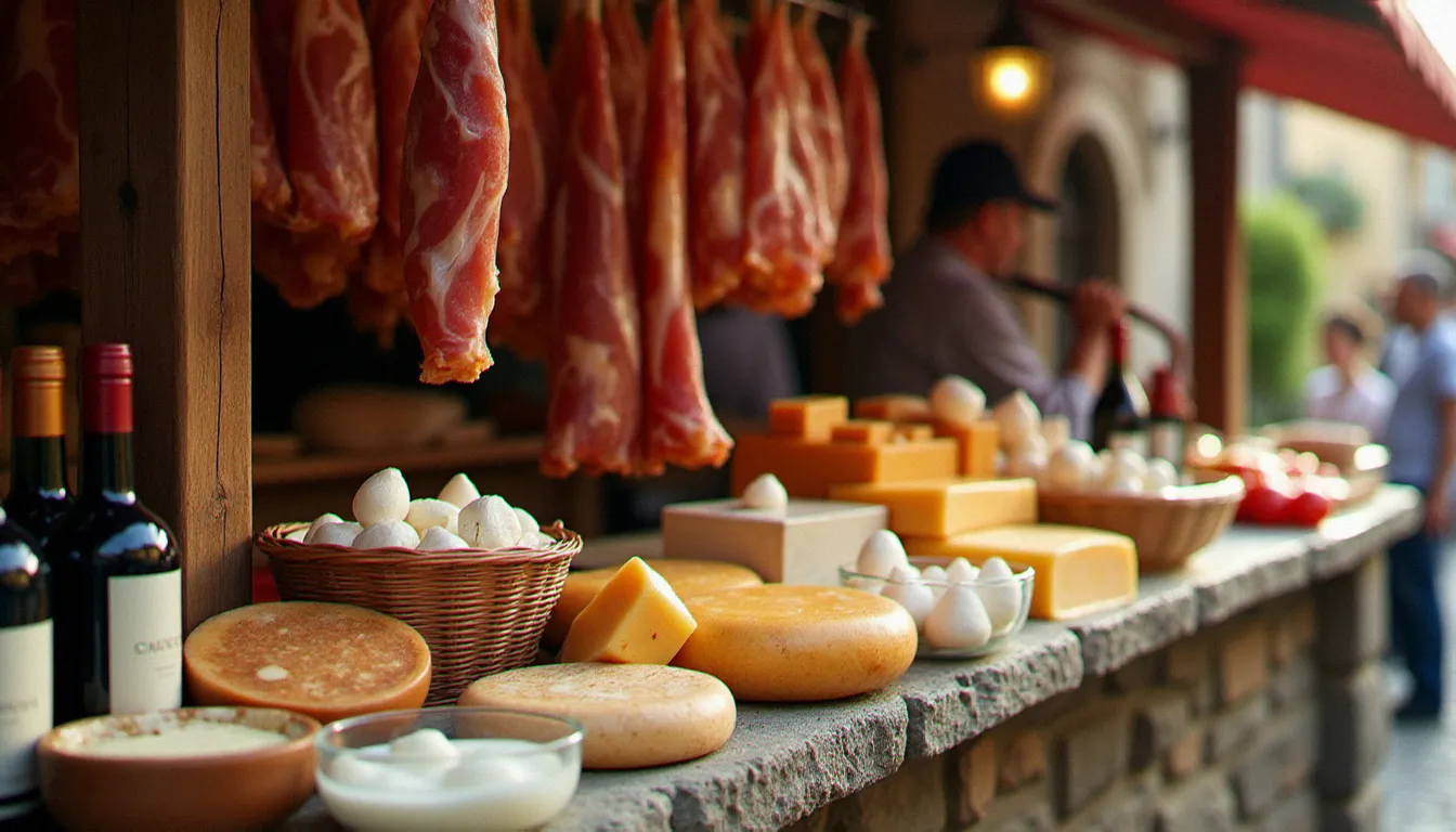 Étal de marché artisanal italien avec jambons de Parme suspendus, meules de Pecorino et bols de mozzarella di bufala, produits emblématiques de la cucina italiana
