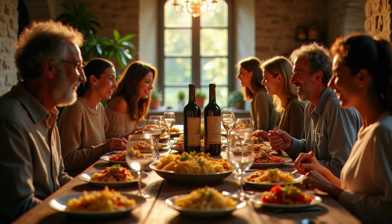 Repas dominical réunissant trois générations autour d'une longue table dans une ferme piémontaise, avec pâtes au ragù et légumes rôtis, illustrant la cuisine italienne comme véritable art de vivre