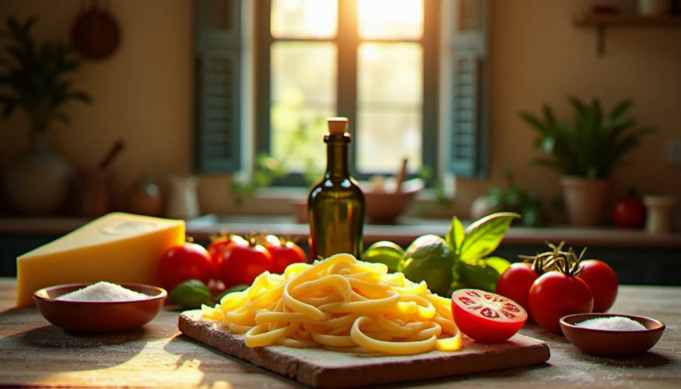 Table en bois rustique avec Parmigiano Reggiano, huile d'olive, basilic frais et tagliatelles artisanales illustrant la richesse de la cuisine italienne