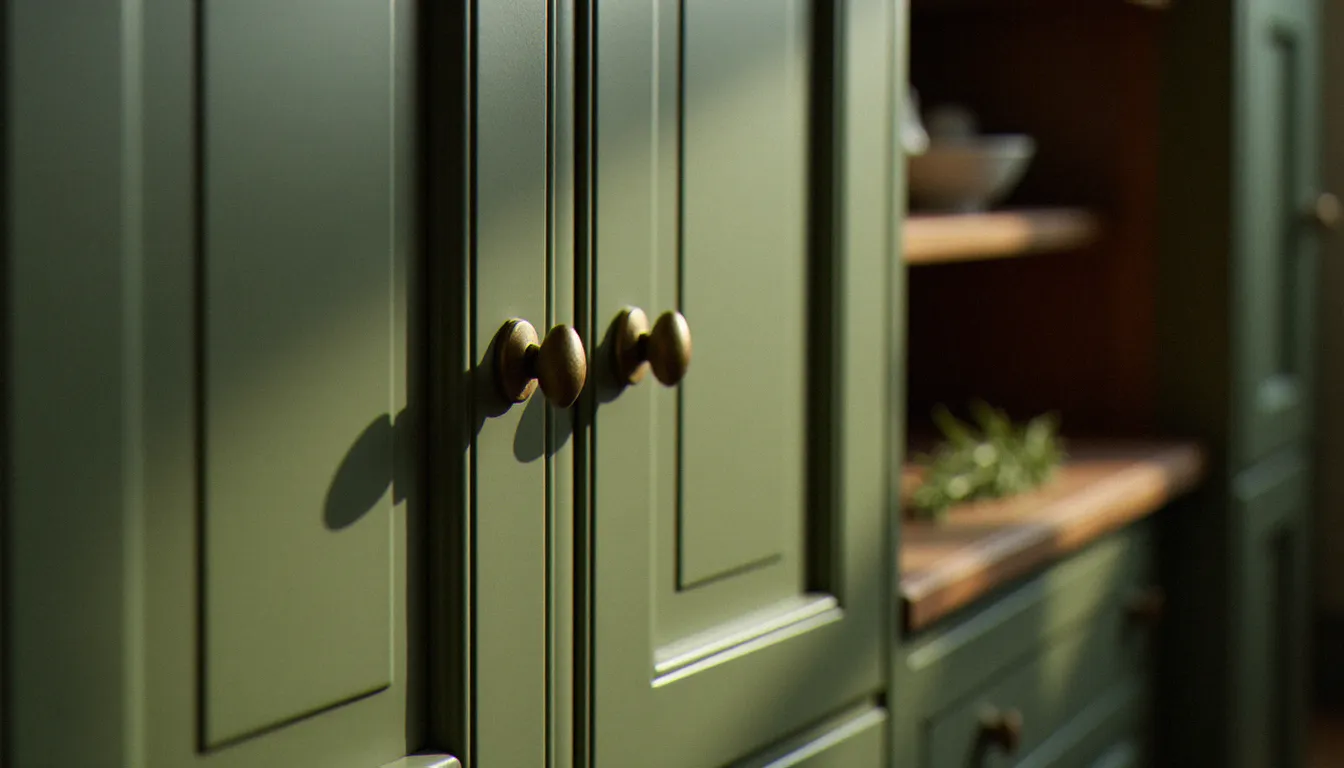 Détail de portes de meubles de cuisine italienne en laque mate vert olive avec poignées en laiton vieilli, exemple de mobilier haut de gamme représentatif des gammes de prix premium