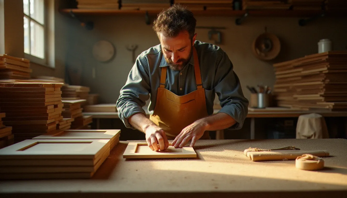 Artisan dans un atelier de fabrication de cuisine italienne dans les Marches appliquant une finition laquée sur une porte de placard, illustrant le savoir-faire derrière les prix premium du mobilier italien