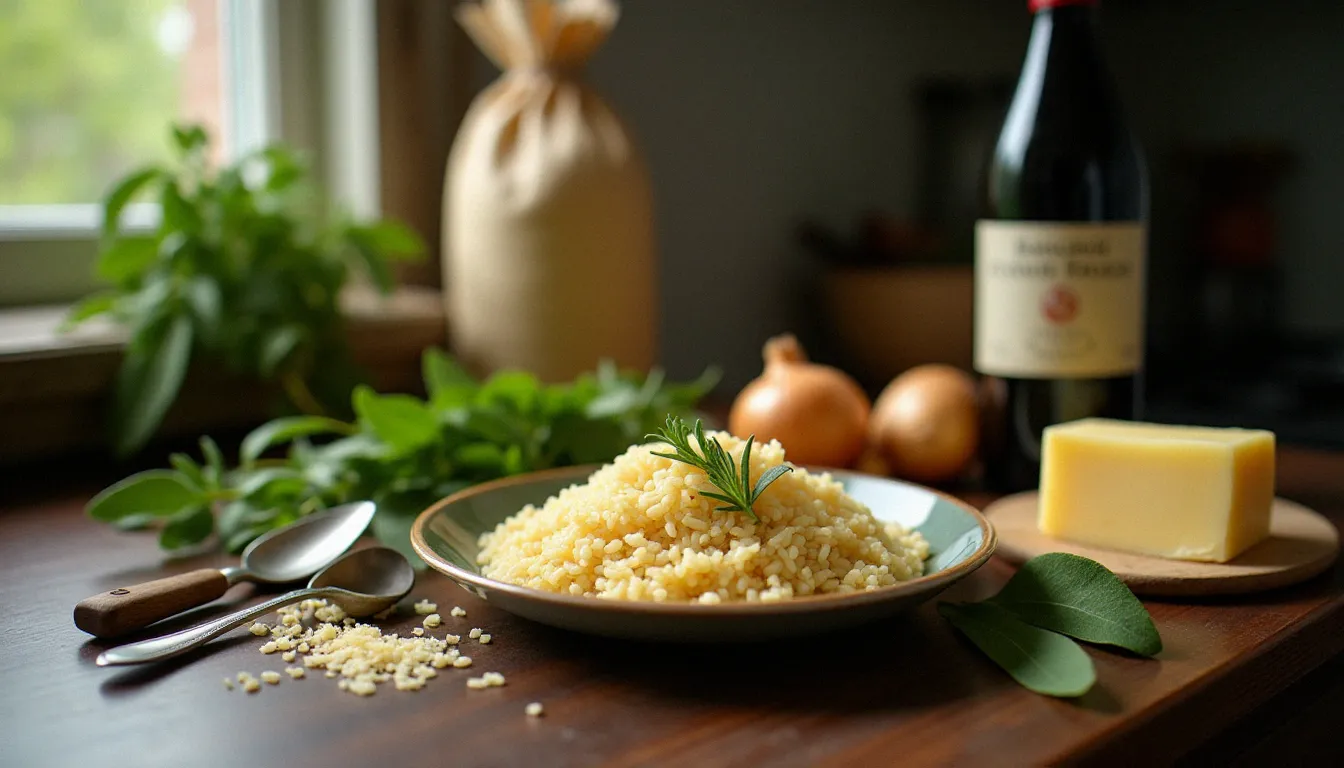 Ingrédients italiens authentiques disposés sur un plan de travail pour préparer un risotto maison, comparaison du coût avec le restaurant