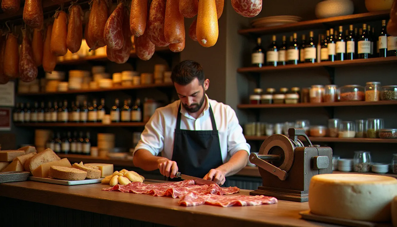 Épicerie fine italienne spécialisée avec charcuteries, fromages et huiles d'olive certifiées, illustration des produits italiens authentiques à prix juste