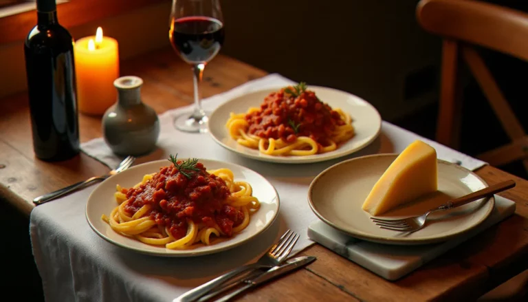 Table dressée dans une trattoria italienne avec des tagliatelle al ragù et du parmesan, illustrant le rapport qualité-prix de la cuisine italienne