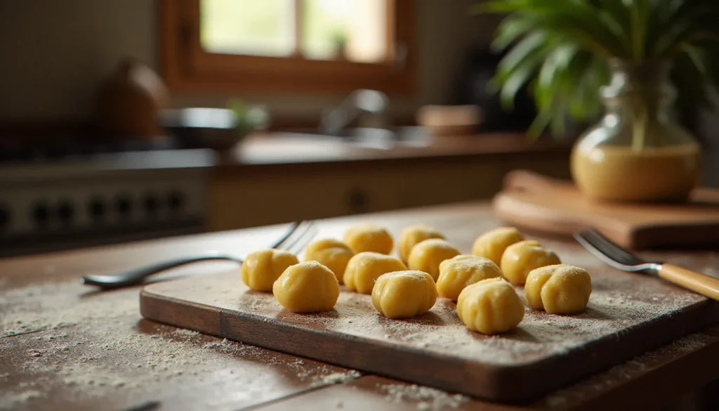 gnocchi maison recette featured Gnocchi maison non cuits disposés sur une planche en bois farinée dans une cuisine rustique, illustrant la recette de gnocchi maison traditionnelle piémontaise