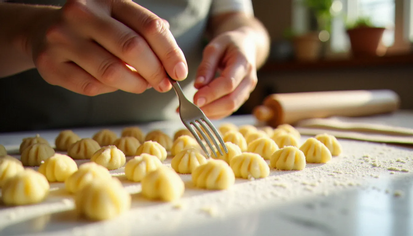 Mains façonnant des gnocchi de pommes de terre maison à la fourchette sur un marbre fariné dans une cuisine italienne traditionnelle